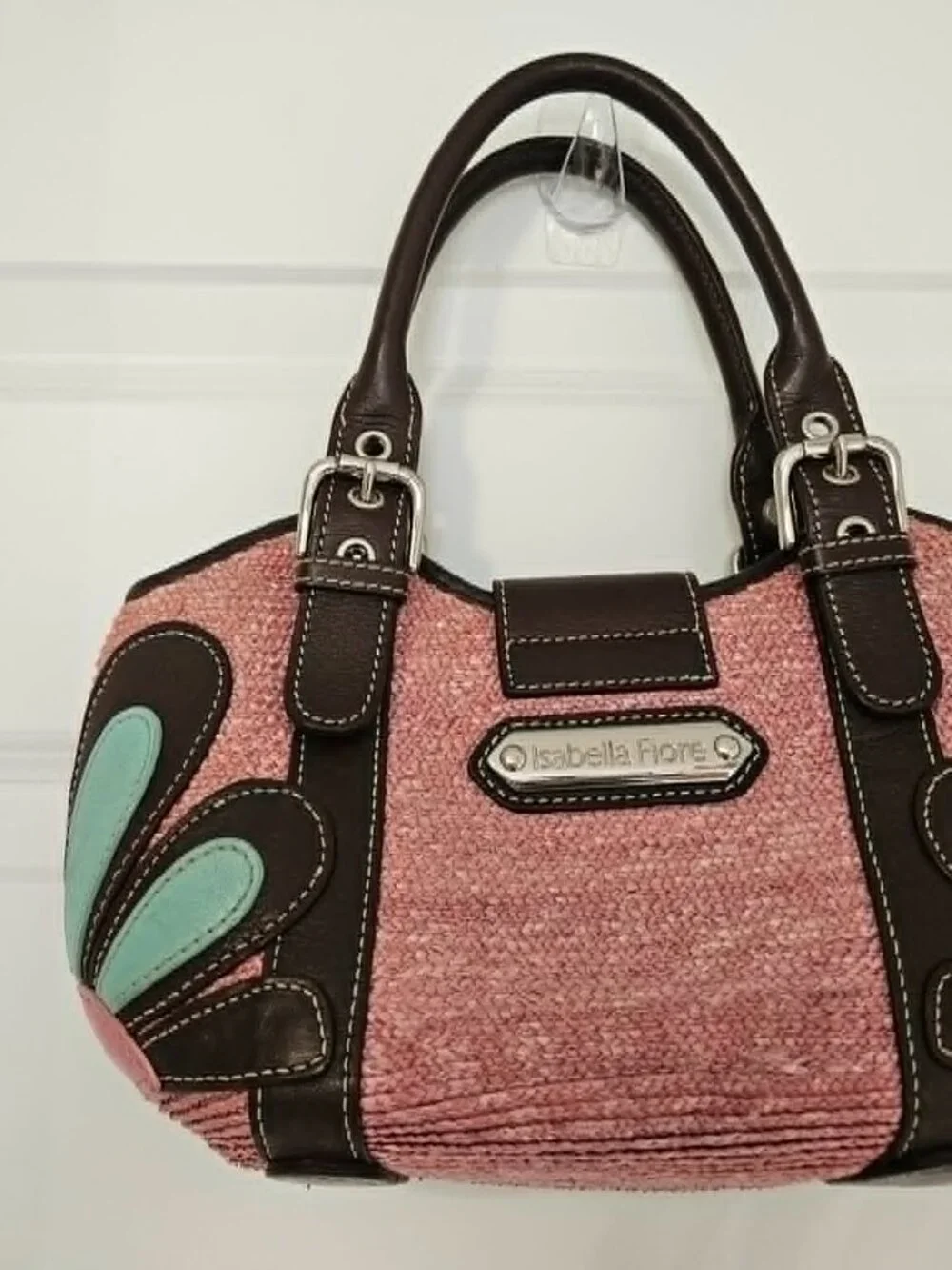 Vintage Isabella Fiore Woven Pink Leather Appliqué Satchel w/ Charm